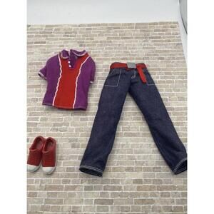 Ken Doll Clothes Fashion Fever - Purple Red Polo Shirt, Denim Jeans, Red Shoes